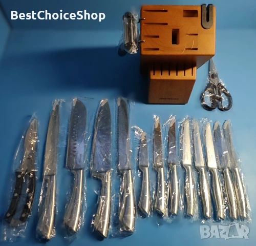 Комплект ножове RAXCO, 18-части с блок и точило, неръждаема стомана, снимка 2 - Прибори за хранене, готвене и сервиране - 53892188