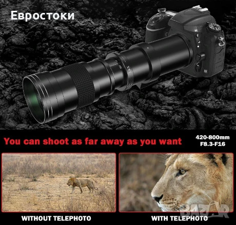 BENOISON 420-800 мм F8.3-16 супер телеобектив с вариометър и ръчно фокусиране, за фотоапарати DSLR , снимка 5 - Обективи и филтри - 50853934