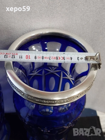 Комплект Прекрасни кристални вази със сребърни гривни''Бохемия кристал-1900 год.сребро 800, снимка 4 - Вази - 52565851