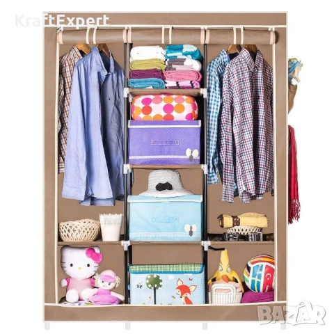 Трикрилен текстилен гардероб с 8 рафта и лост за дрехи, снимка 8 - Гардероби - 50681396