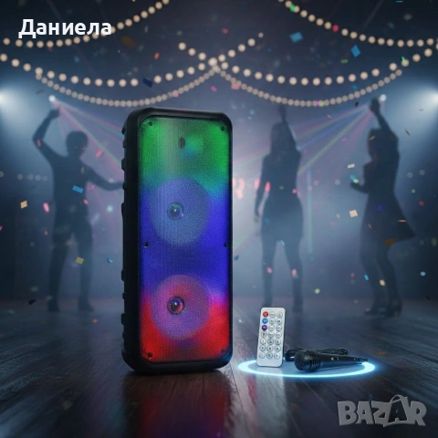 Безжична RGB тонколона – 2×8″ говорителя, Bluetooth, 1200 W, батерия 3000 mAh