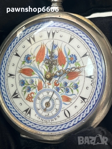 Продавам антикварен джобен часовник Longines (1916-1917 г.) – сребро 0.800, ръчно рисуван циферблат, снимка 4 - Мъжки - 51532682