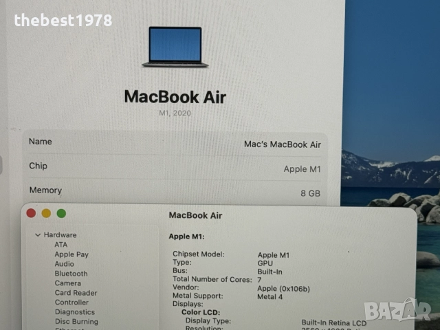 MacBook Air M1 SPG`8 CPU/7 GPU/8GB RAM/256GB SSD/Бат 97%, снимка 6 - Лаптопи за дома - 52815898
