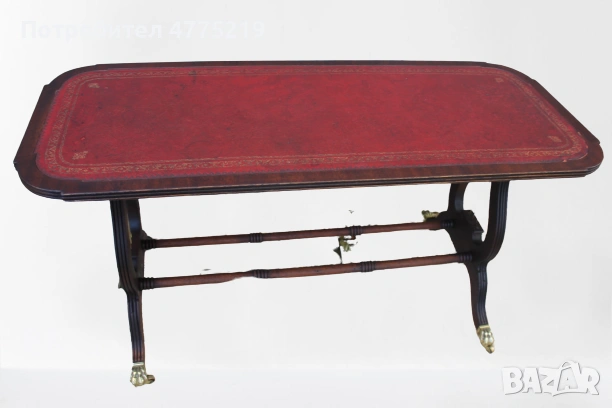 Стилна маса с кожен плот и месингови колелца- лира дизайн, махагон, снимка 3 - Маси - 53948807