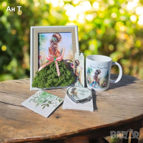 Дамски комплект пано със скандинавски мъх, чаша, огледалце и книгоразделител