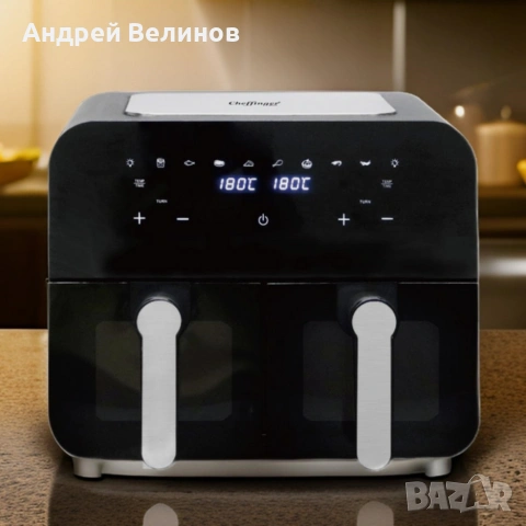 Двоен фритюрник с горещ въздух Cheffinger 9 л с дигитален дисплей, снимка 3 - Фритюрници - 53195810