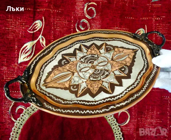 Овален меден поднос с дръжки,гравиран, снимка 2 - Антикварни и старинни предмети - 56021854
