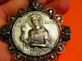 Възрожденска Сребърна икона, амулет, накит, медальон с Варвара - Панагия 70 мм  с филигран и сребъре, снимка 4