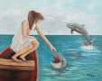 Море, момиче , делфини маслена картина , снимка 1 - Картини - 39946129