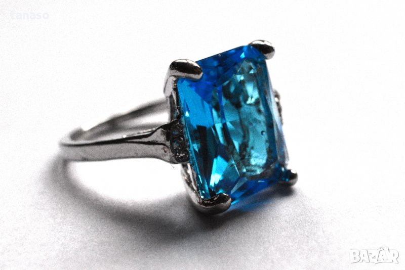 Пръстен с аквамарин, родиево покритие, размер 60, снимка 1