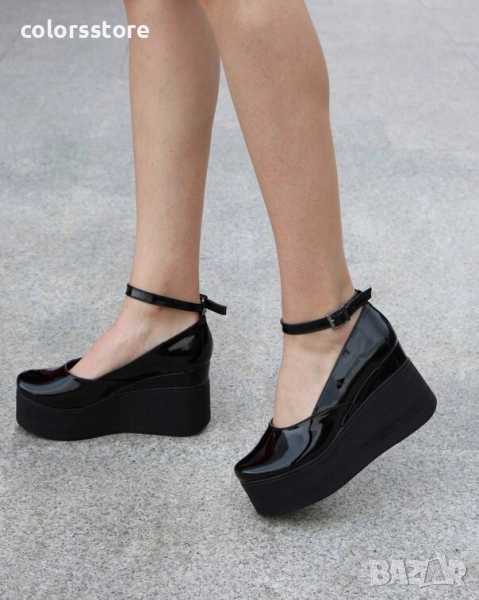 Обувки на платформа - черен лак с черно ходило - 125K , снимка 1