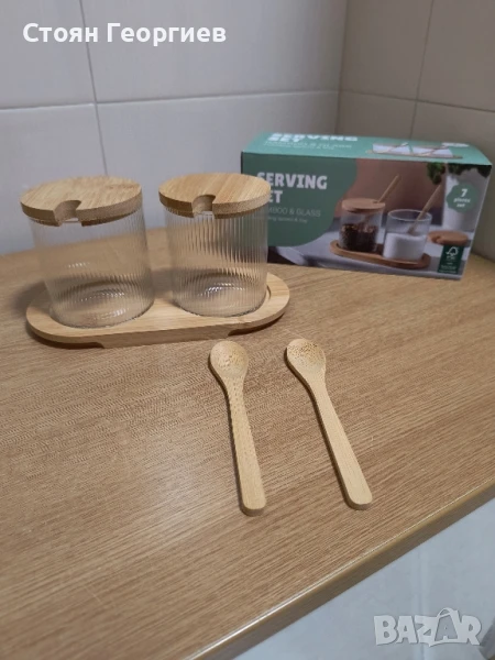 Чисто нови стъклени буркани с бамбук за подправки, снимка 1