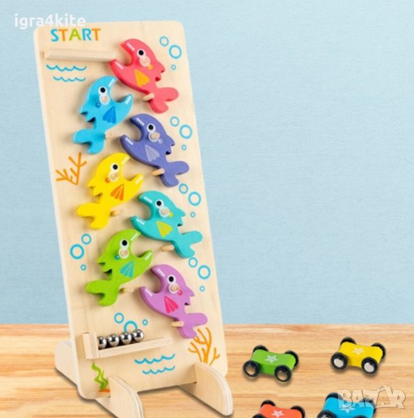 НАМАЛЕНА ЦЕНА! 2в1 дървена слайд игра с колички и рибки на стойка, снимка 1