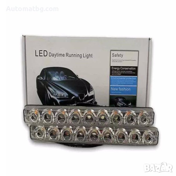 Комплект дневни светлини Automat, С бягащ мигач, 12V, 9 диода, Черен, снимка 1
