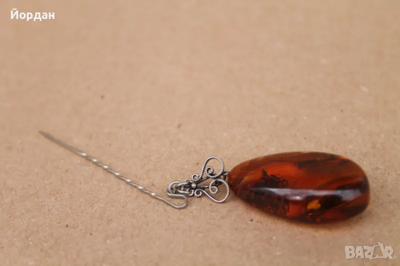 Сребърна игла с кехлибар, снимка 1