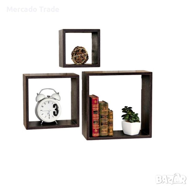 Комплект декоративни рафтове Mercado Trade, За стена, 3бр., Квадрат, Тъмнокафяви, снимка 1
