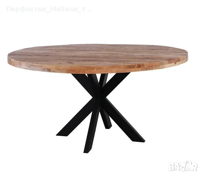 Голяма кръгла трапезна маса с диам. 150см.-двоен дървен плот манко,натурален финиш и метални крака, снимка 1
