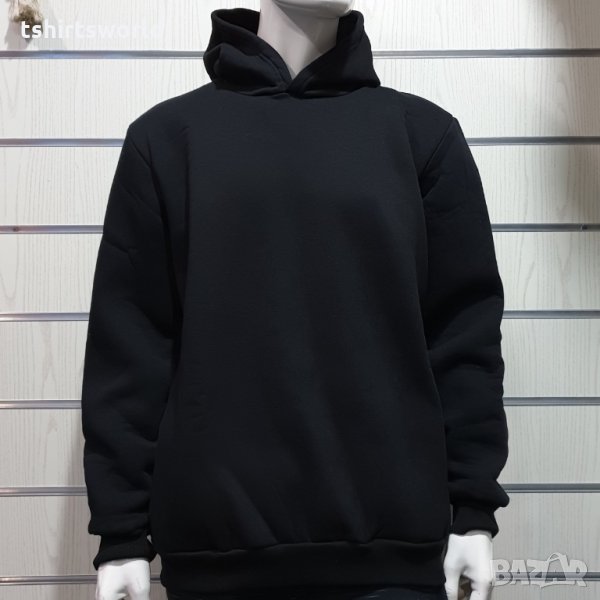 Нов мъжки изчистен черен суичър с качулка и джобчета, снимка 1