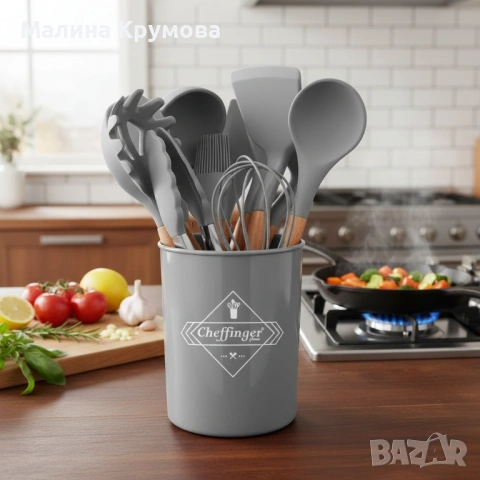 Комплект 12 части кухненски прибори със стойка Cheffinger – силиконови накрайници, дървени дръжки, т, снимка 5 - Прибори за хранене, готвене и сервиране - 53174525