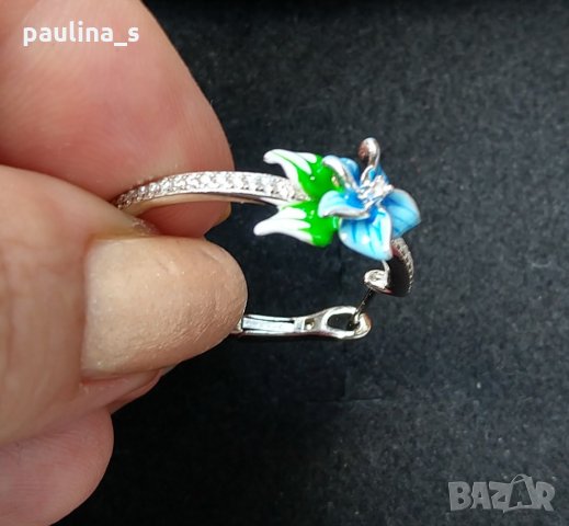 Японски, дизайнерски сребърни обеци с циркони и ръчно рисуван емайл 925 , снимка 10 - Обеци - 29262795
