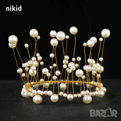 Метален златист обръч корона с перлени перли топер украса декор за торта, снимка 5 - Други - 30720888