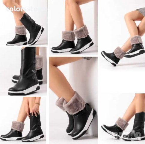 Равни боти - черна кожа със сив пух - ST24, снимка 3 - Дамски боти - 37713380