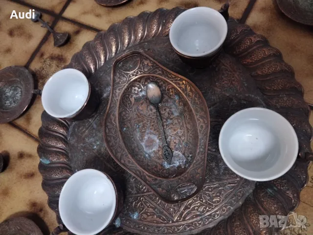 Комплект старинен сервиз за чай или кафе изработен от мед.  Идеален за декорация., снимка 7 - Други - 48061589