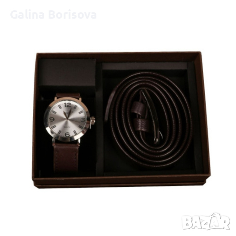 Подаръчен комплект Колан в черен цвят заедно с часовник кафяв/черен, снимка 1 - Мъжки - 44679299