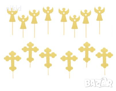 12 бр картонени златни кръста кръст ангел топер топери украса пита мъфини кексчета кръщене декор, снимка 1 - Други - 42318932
