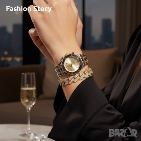 Модерен унисекс часовник със златист циферблат и блестяща гривна, снимка 3 - Романтични подаръци - 51934776