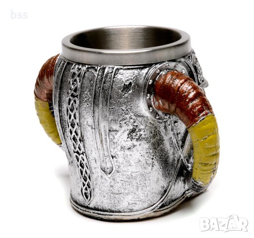 Код 91065 Забавна чаша във формата на шлем с рога и декорация - череп, изработена от метал, снимка 3 - Чаши - 37012492