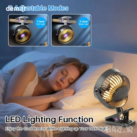 Преносим вентилатор с LED дисплей и здрава щипка, 360°, 5 скорости, сив, снимка 5 - Вентилатори - 53984207