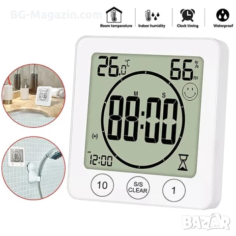 Водоустойчив дигитален часовник с термометър влагомер и таймер за баня LED електронен електронен, снимка 2 - Други - 51039938