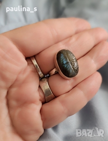 Два броя / Винтидж / Сребърен пръстен проба 925 с гравиран Лабрадорит и Празеолит , снимка 3 - Пръстени - 51996675
