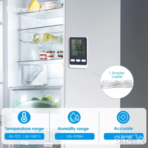 Brifit Цифров термометър за хладилник с 1.5M водоустойчива сонда, хигрометър НОВ, снимка 3 - Друга електроника - 52819097