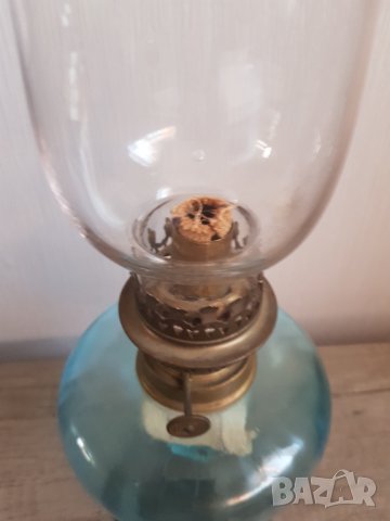 Стара газова френска настолна лампа синьо стъкло, снимка 6 - Антикварни и старинни предмети - 39052776
