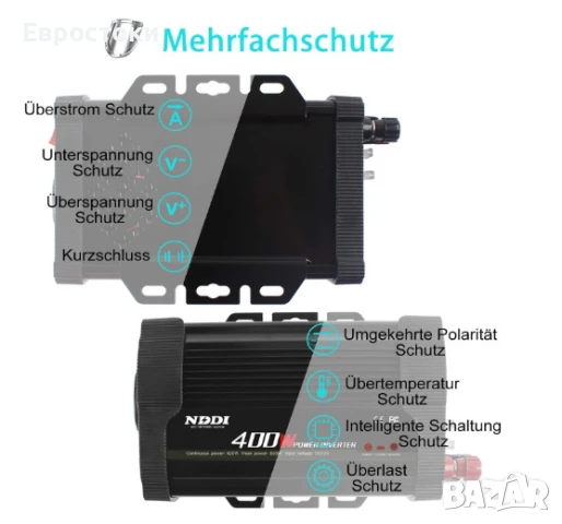Инвертор NDDI POWER 400 W преобразувател на напрежение 12 V към 230 V, 3.1 A двоен USB порт, снимка 4 - Аксесоари и консумативи - 50677878
