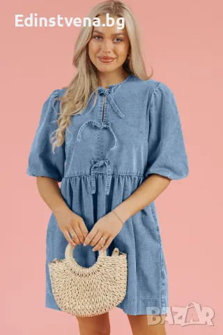 Дамска дънкова рокля в светлосиньо с буфан ръкави, снимка 1