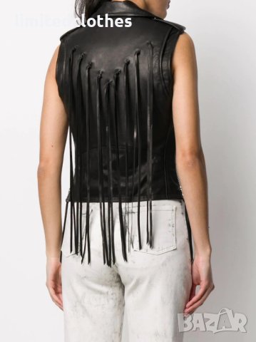 AMIRI Black Fringed Biker Leather Дамски Кожен Елек size 42 (M), снимка 6 - Якета - 42195724