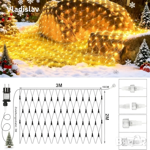 Външна светлинна мрежа 3 x 2 м 208 LED, снимка 7 - Лед осветление - 52418125