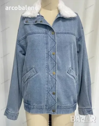 Дамско есенно и зимно дънково свободно яке с голям ревер и двоен джоб. Ватирано яке, снимка 7 - Якета - 47629288