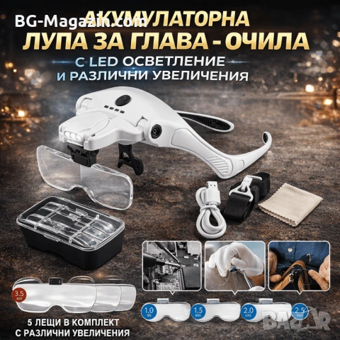 Акумулаторна лупа за глава с различни увеличения и LED осветление за четене шиене бродиране гоблени