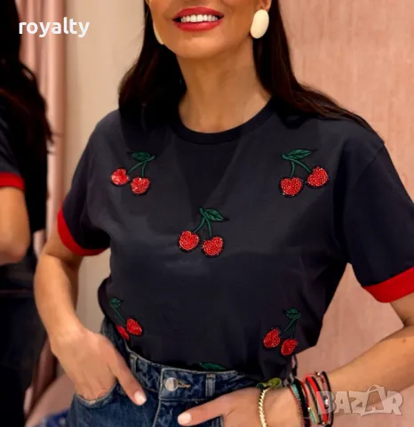 Памучни дамски тениски с черешки Различни цветове , снимка 4 - Тениски - 50411642