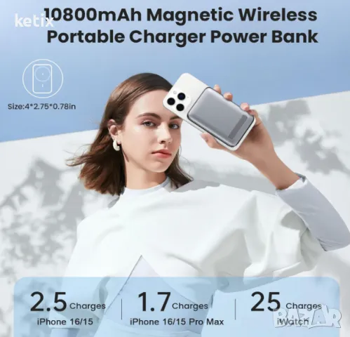 Магнитна захранваща банка за MagSafe, 10800 mAh,Безжична Power Bank, снимка 5 - Външни батерии - 48500409