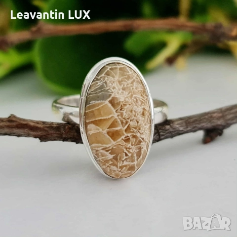 ✨ Сребърен пръстен с фосилен корал Petoskey, снимка 2 - Пръстени - 51682936