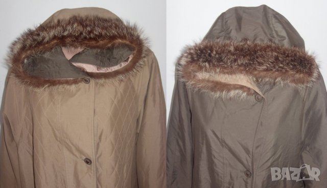 Дамско шушляково палто двулицево бежаво кафяво с качулка естествен косъм, снимка 3 - Якета - 31615540