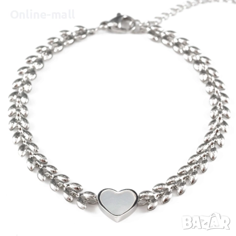 Луксозна дамска гривна Laurel Heart с лаврови листа и сърце от седеф, снимка 3 - Гривни - 52425281