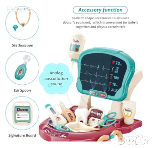 Комплект за игра на доктор, с количка, 29 аксесоара, със светлина, ЕКГ монитор, бял, снимка 6 - Играчки за стая - 52700911
