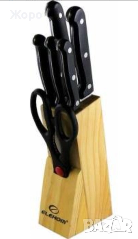 Комплект ножове с дървена стойка ЕЛЕКОМ- ЕК-07,7 части, черни или кафяви, снимка 3 - Прибори за хранене, готвене и сервиране - 52480995
