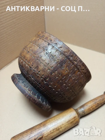Соц Стара Дървена Резбована Купа Хаван Чукало За Подправки., снимка 3 - Антикварни и старинни предмети - 50659256